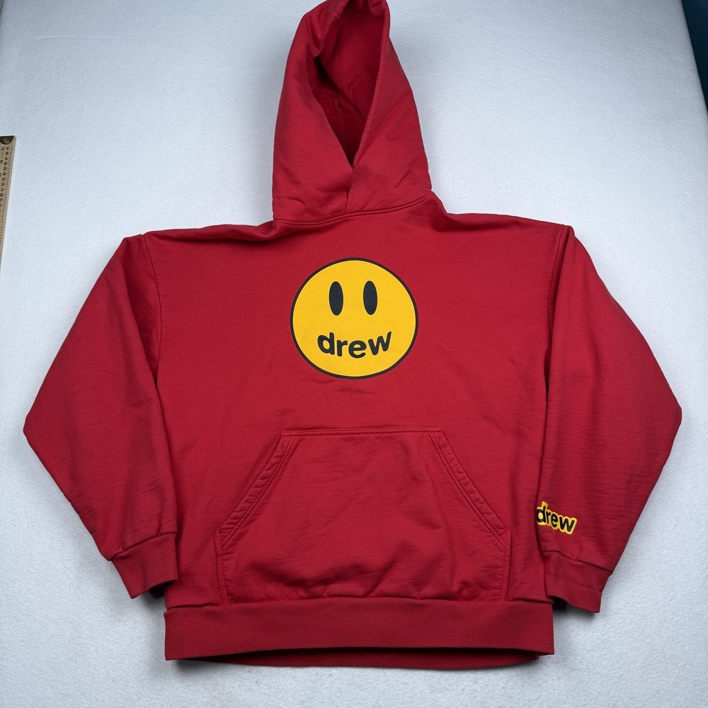 Drew House Hoodie Mens Small Red Fleece Smiley Face Logo Pullover Sweatshirt